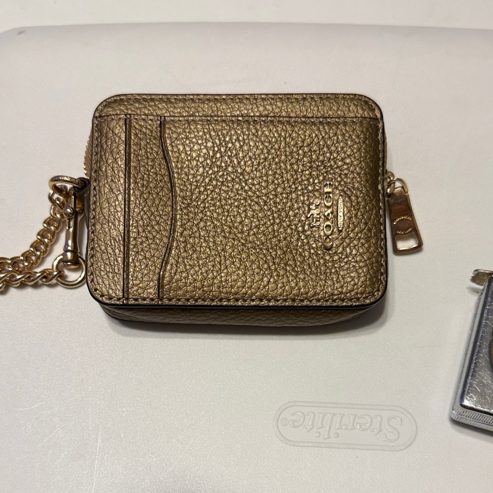 Coach Metallic Gold Card Holder with Chain